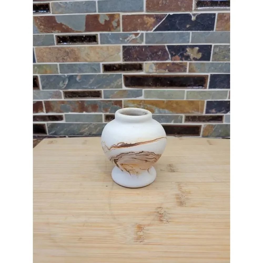 Vintage Nemadji Pottery Vase 3.5” Orange Brown Swirl Matte Marbled Clay Decor
